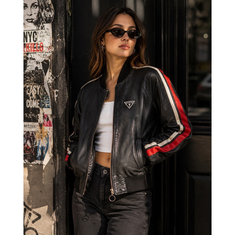 Guess Black Leather Bomber Jacket with Red & White Stripes